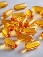 Omega-3 Capsules: An array of golden omega-3 capsules, meticulously arranged, signifying health, wellness, and the pursuit of a balanced lifestyle. 