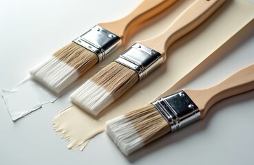 Three paint brushes with wooden handles lie on swatches of white, beige paint. Tools for home renovation projects show bristles with paint streaks ready for use. New brushes display clean