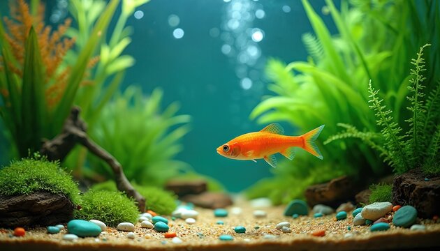Small orange fish swims in planted aquarium. Bubbles rise in clear blue water with green aquatic plants. Gravel and stones on sandy bottom. Peaceful underwater scene, aquatic pet life.