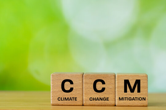 CCM environmental symbol. Concept of climate change mitigation on wooden blocks. Copy space. Beautiful green background