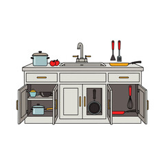 Sink with cabinets showing kitchen fittings to cook food icon flat vector design.