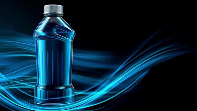 Blue energy drink bottle with flowing light streaks. Abstract motion graphics on black background with copy space. Beverage advertising, product marketing