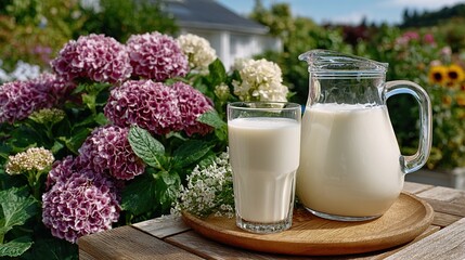 Glass and jug with fresh milk on a wooden table against a nature background.