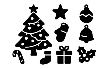 Set of black Christmas holiday decorations: tree, star, bell, gift box, and candy cane