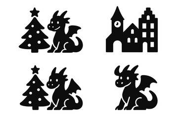 Stylized black icons featuring a friendly mythical dragon, a festive Christmas tree, and classic European architecture