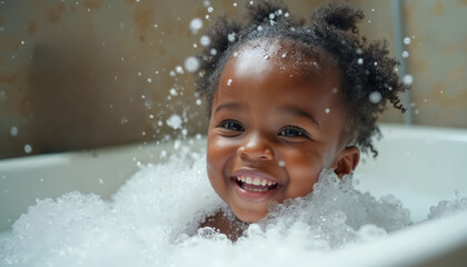 Joyful African American toddler laughs while splashing in a bubbly bathtub. Cute child plays with soap foam and water, enjoying clean bath time fun.