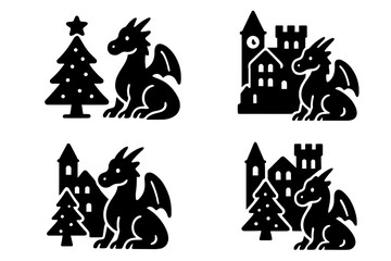 Fototapeta premium Collection of four mythical dragons combined with Christmas tree and medieval castle elements