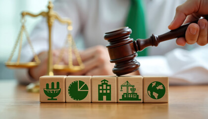 Hand with gavel strikes wooden blocks showing earth, industry, building, pie chart, plant. Scales of justice, law signify fairness, legal decisions, environmental policy. Business, corporate, global