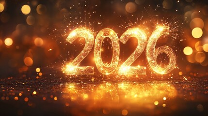Bright fiery 2026 numerals created from sparklers with warm orange bokeh, ideal for New Year party invitations and greeting cards.