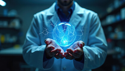 Scientist holds glowing blue energy orb in lab. Electric sparks surround sphere generating power. Futuristic research into clean energy and artificial intelligence concepts.