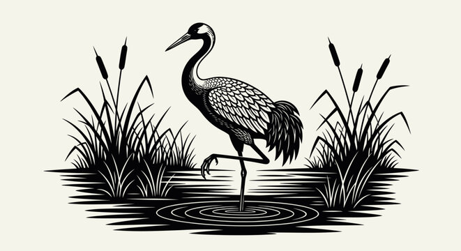 Elegant Crane Standing in Water Surrounded by Cattails Black and White.
