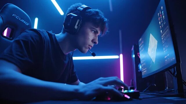 Intense professional esports gamer competing on a neon-lit stage