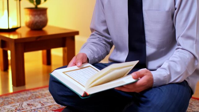 A person sits reading a book, likely the Quran, on a patterned rug in a home