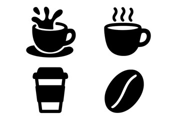 Essential coffee featuring hot drink cups, takeaway mug, and roasted bean symbol