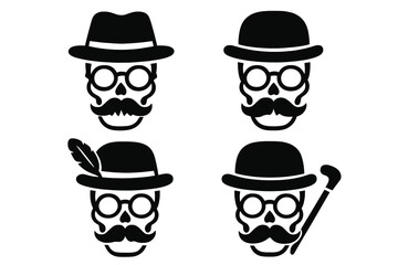 Set of four gentleman skull icons wearing hats, mustaches, and round glasses