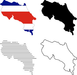 Set of four maps of costa rica colored with flag, solid black silhouette, horizontal lines, and outline drawing