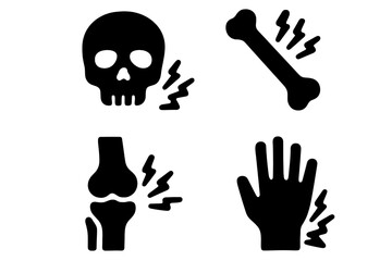 Skeletal pain and injury icons showing bone fracture, joint inflammation, and skull trauma