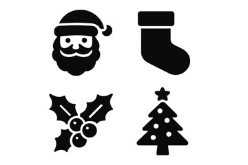 Minimalist black Christmas holiday symbols including Santa Claus, stocking, holly, and tree