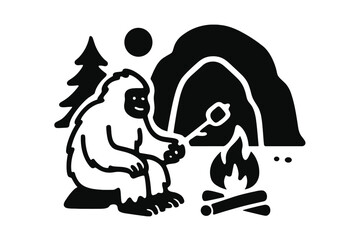 Legendary Sasquatch creature roasting a marshmallow over a campfire near a cave