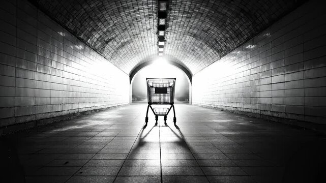 Shopping Cart Stands Still in Tunnel in Black and White Style