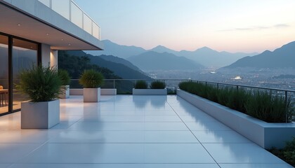 Obraz premium Modern patio overlooks city and mountains at dusk. Minimalist design with plants and clean white floor. Relaxing urban outdoor living space with panoramic view.