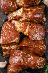 Marinated pork steak for shashlik barbecue grilling
