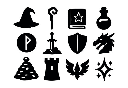 A collection of black silhouette vector icons depicting essential fantasy and medieval elements like magic hats, dragons, swords, and spellbooks, ideal for games and adventure themes &mdash; stock vector.