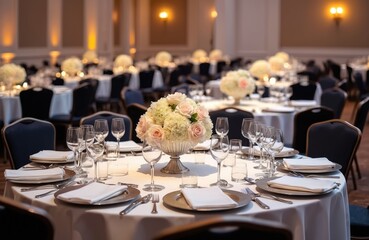 Empty round tables are set with plates silverware and wine glasses. Floral centerpieces adorn each table. Chairs surround the elegantly prepared banquet hall for a special event.