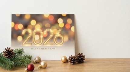 Happy New Year 2026 celebration with festive decorations and glowing lights
