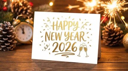 Happy New Year 2026 celebration with festive decorations and sparklers