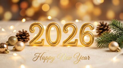 Golden 2026 New Year celebration with pine tree and decorations