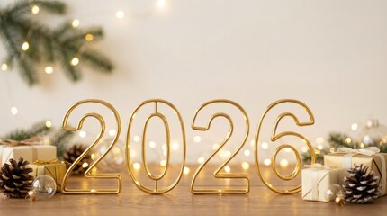 Golden 2026 New Year celebration decorations with gifts and lights