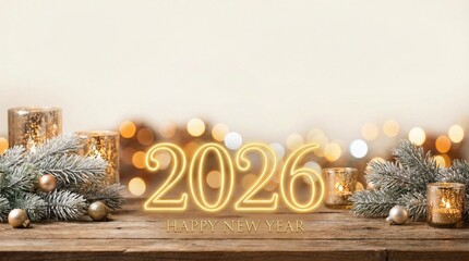Happy New Year 2026 celebration with festive decorations and candles
