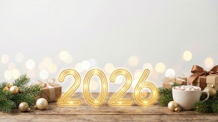 Cozy New Year 2026 scene with festive decorations and hot chocolate