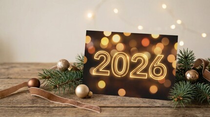 New Year 2026 celebration with golden decorations and pine branches on wooden table