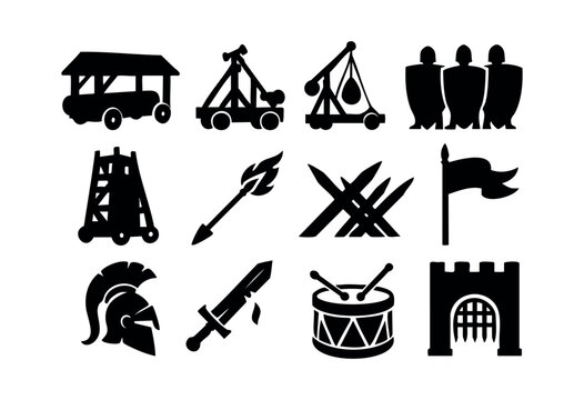 This vector illustration features a set of black silhouettes representing medieval siege weapons, army components, and historical battle elements on a white background &mdash; stock vector.