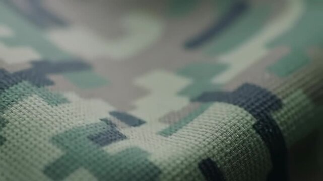 Close-up view of pixelated camouflage fabric, texture detail, blurred background, for military textile design
