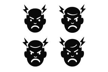 Four stylized icons depicting intense anger, stress, and frustration with electric bolts