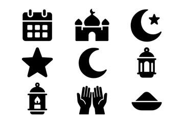 Simple black glyphs for Islamic culture, Ramadan, Eid, and religious observance