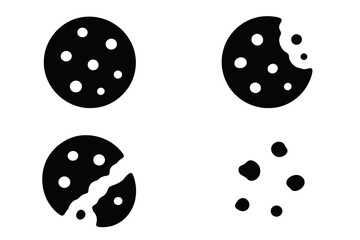Monochrome icons of chocolate chip cookies showing whole, bitten, and crumb stages