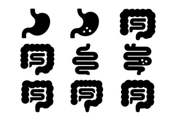Black silhouette collection of human digestive system organs including stomach and intestines