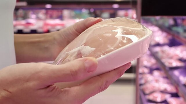 Close up view of female hands holding fresh raw chicken breast fillets at the grocery store, retail shop or supermarket. Customer choosing organic healthy product, dietary and cheap protein source.