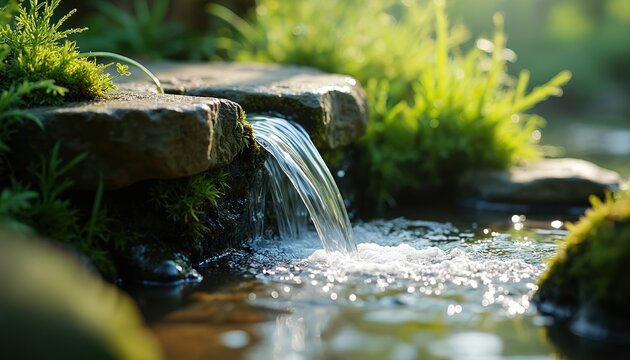 Clear water stream flows over mossy rocks in a lush green garden. Sunlight creates sparkling reflections on wet stones and plants near pond. - Powered by Adobe