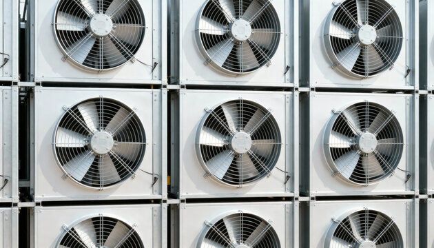 Wall of industrial fans at a direct air capture facility. Carbon removal technology for climate change solutions. Sustainable engineering and green technology background