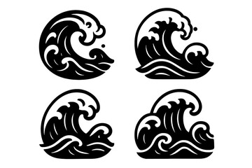 Four stylized black and white ocean wave designs in traditional Japanese art style