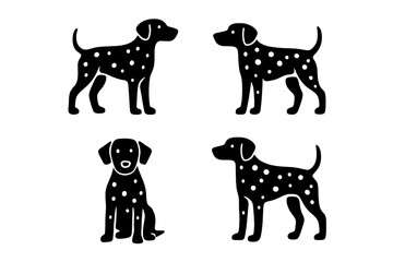 Minimalist black and white spotted dog silhouettes in standing and sitting poses
