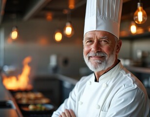 Elderly chef portrait with beard smiling in professional kitchen. Man wears white uniform, toque blanche. Flames visible behind him cooking food. Culinary expert at work.