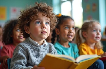 Fototapeta premium Young kids pay close attention during story time in kindergarten classroom. Children listen to book read aloud. Diverse group of boys and girls learning, focused on teacher.