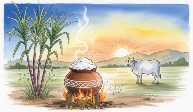 Watercolor illustration of card for pongal celebration.