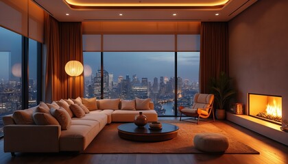Obraz premium Modern living room with panoramic city view. Comfortable sectional sofa, armchair, coffee table, and fireplace create cozy ambience. Warm lighting enhances luxury.
